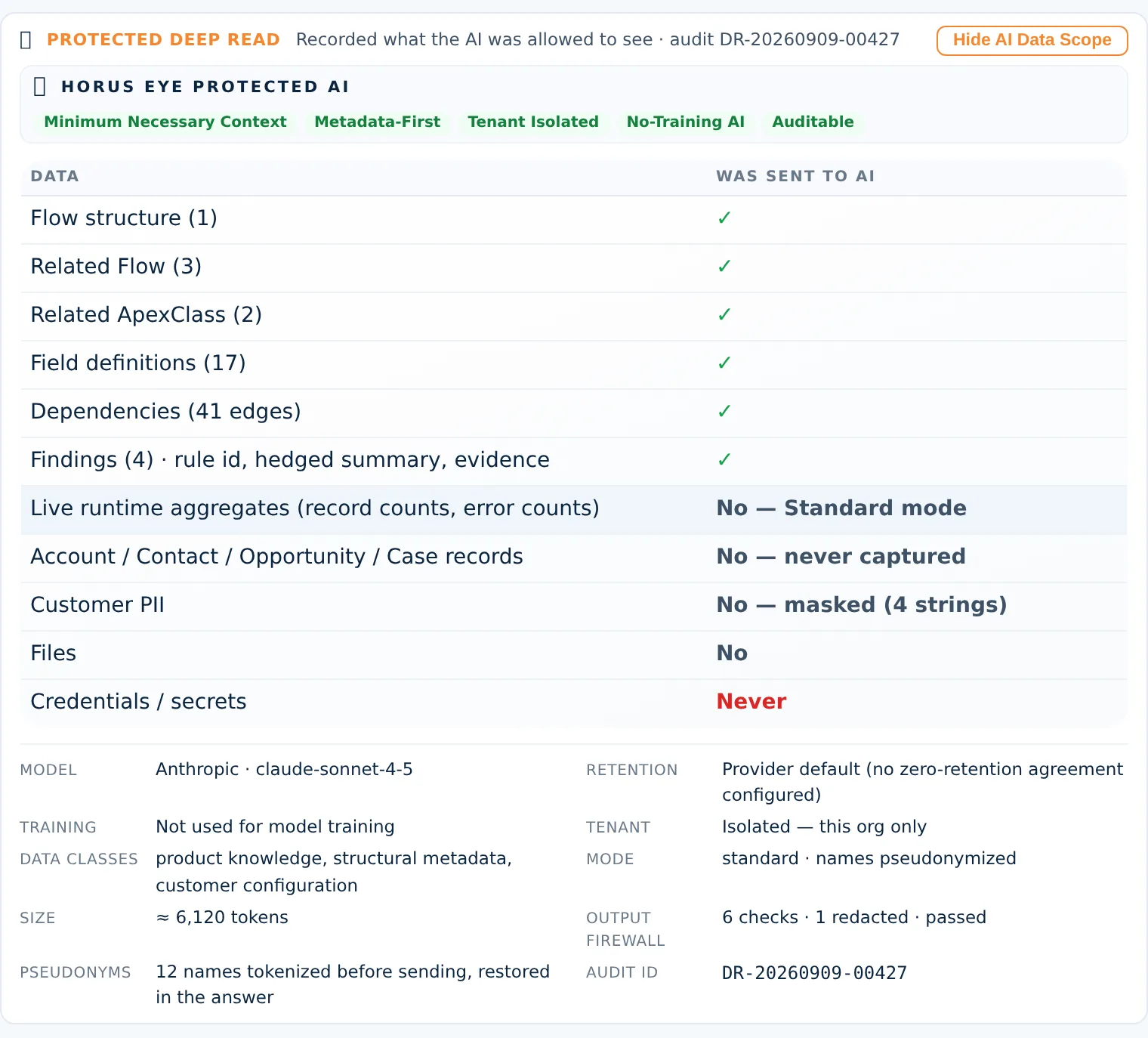AI Data Scope after a Deep Read: what was sent, the output firewall report, pseudonym count and the audit id