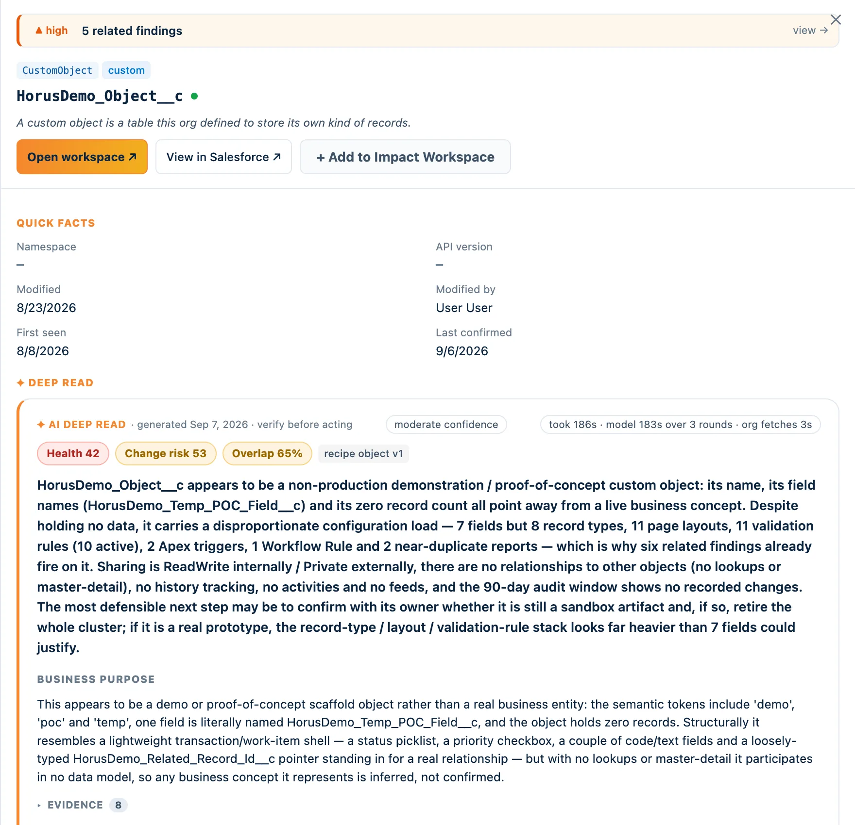 Change blast radius for one component: affected components by type and hop, users affected, score and statement