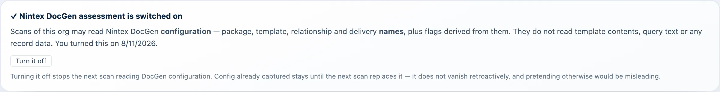 The DocGen opt-in consent card: names and derived flags only, never template contents
