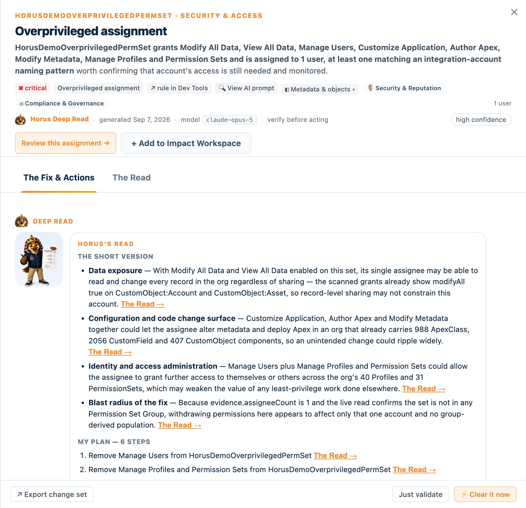A Horus Eye finding: overprivileged permission set assignment with the grants and assignee pattern in evidence