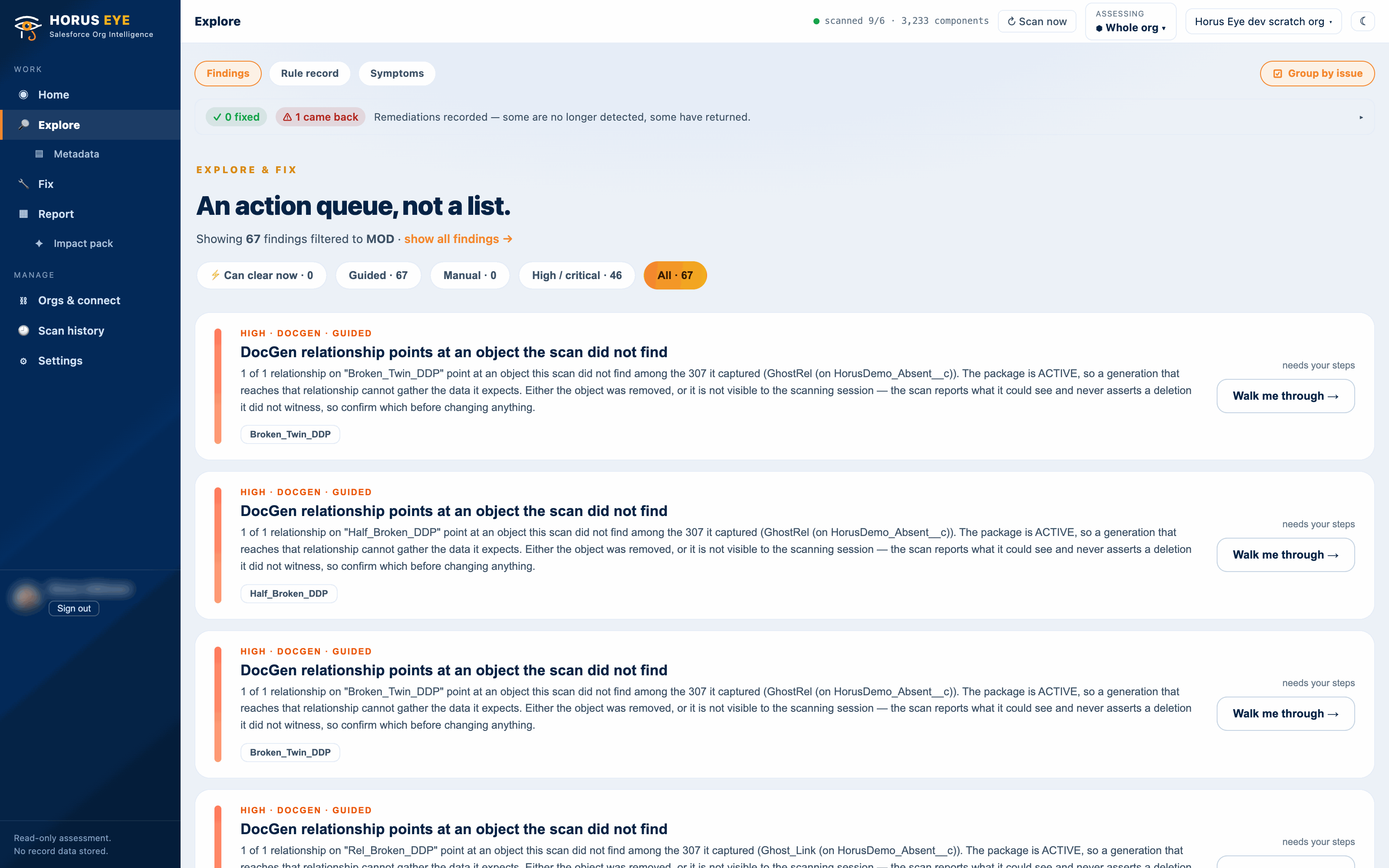 MOD-lens findings including objects still carrying Workflow Rules, grouped per object