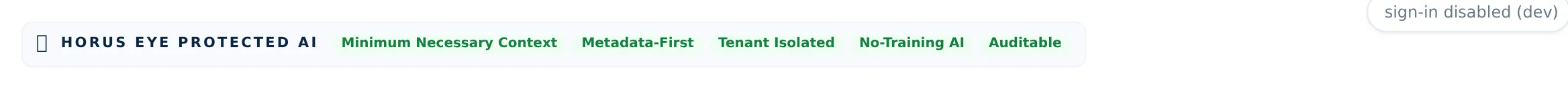 The Horus Eye Protected AI badge with its five guarantees: Minimum Necessary Context, Metadata-First, Tenant Isolated, No-Training AI, Auditable