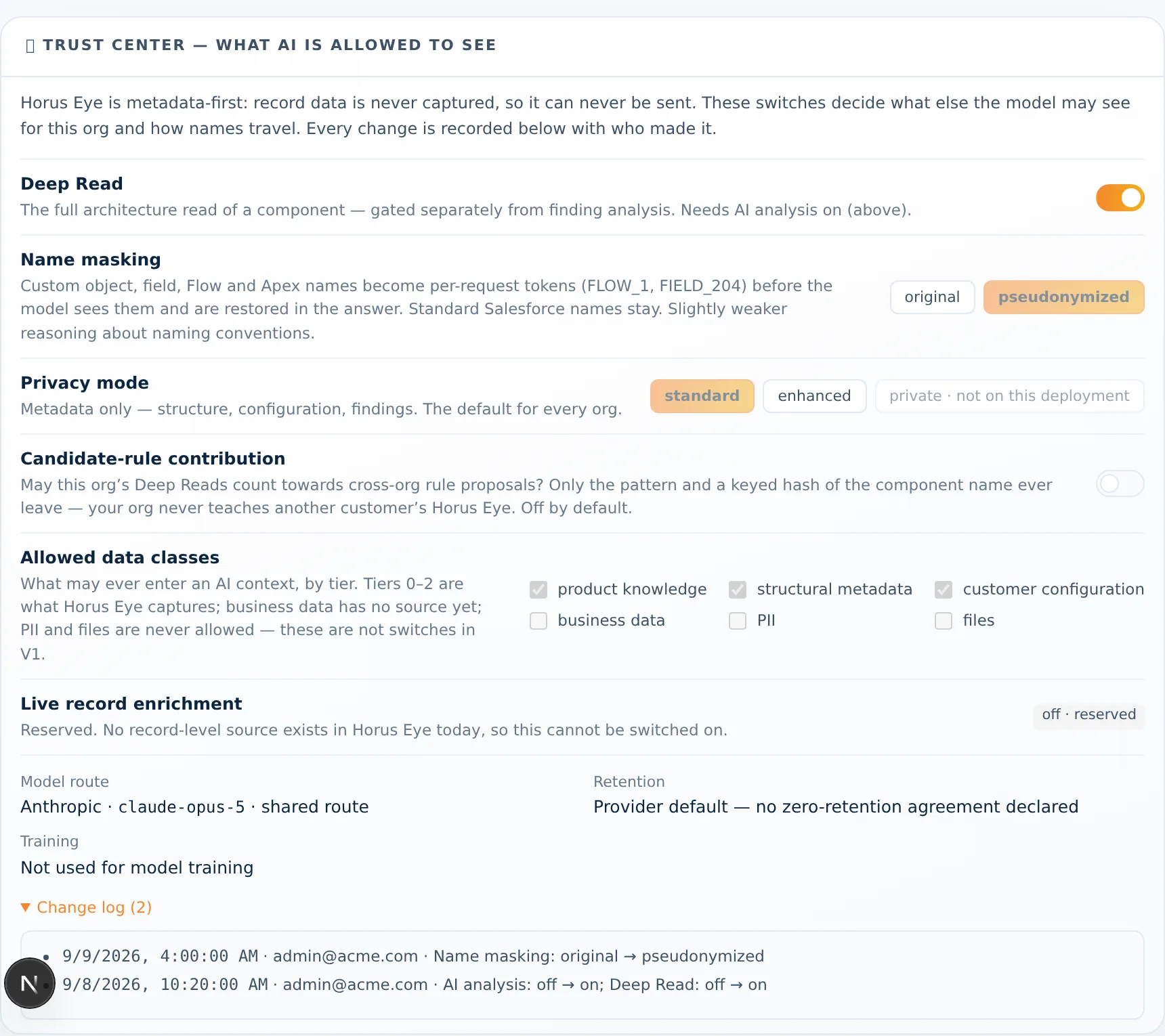 The Horus Eye Trust Center: AI and Deep Read switches, name masking, privacy mode, contribution, allowed data classes and the change log